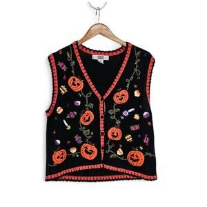 Vtg Segue Halloween Jack-O-Lantern Candy Knit Button Front Sweater Vest Large